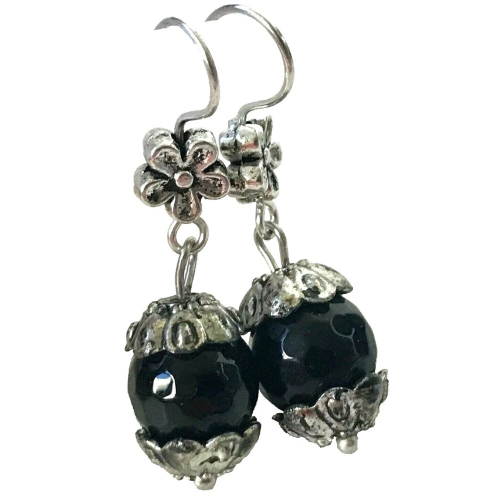 Silver Onyx Bead Earrings Retro Flower Boho Dangle 10mm Faceted Bohemian Plated